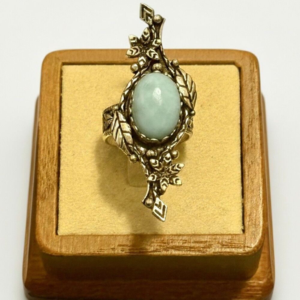 Vintage Style Larimar Silver Statement Ring m Filigree Leaf Design Sz 7